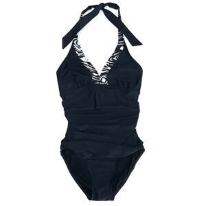 Assets by Spanx Black Zebra Halter One Piece Swimsuit Size Small